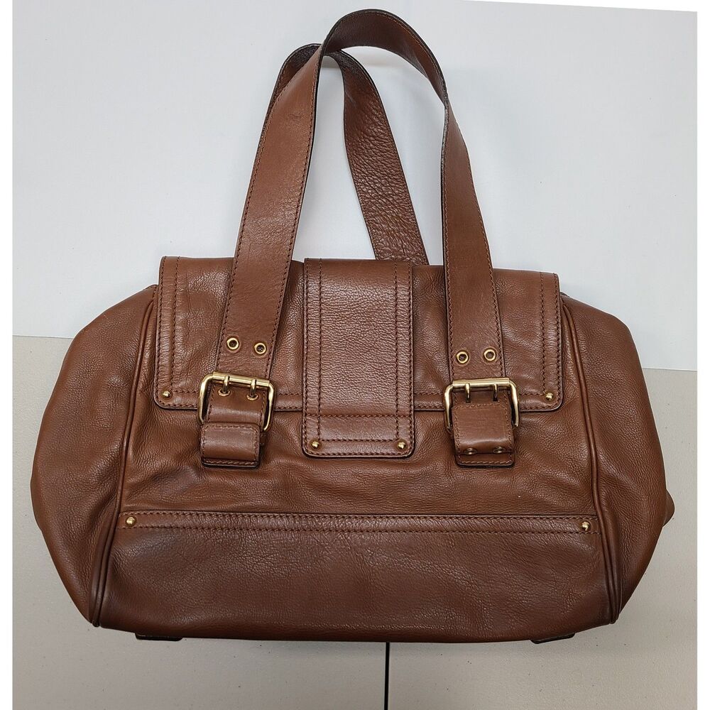 Marc Jacobs Brown Leather Satchel Bag Push Lock Top Handle Made in Italy - Picture 10 of 12